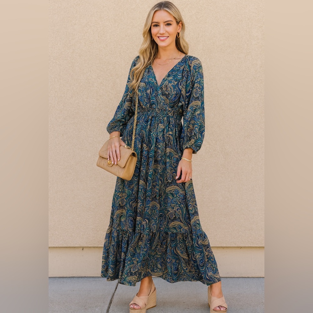 Boemo Boho Maxi Dress Blue Green Paisley Print Elastic Waist Peasant Sleeve